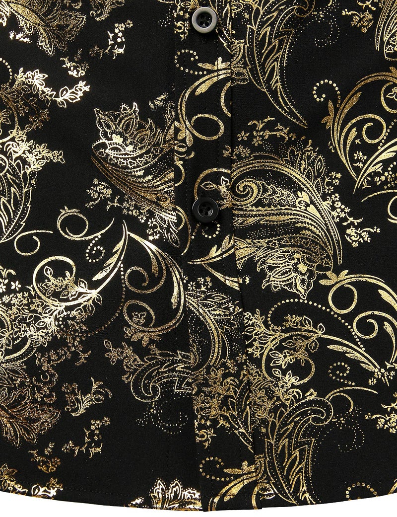 ZEROYAA Men's Luxury Paisley Shiny Stylish Slim Fit Short Sleeve Button Up Dress Shirt ZLCL23 Black Gold Medium - Image 4